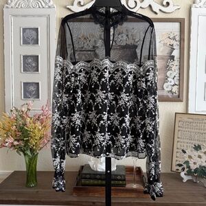 Romantic Lace Sheer Puff Sleeve Blouse Black White Mesh Floral Embroidered Top